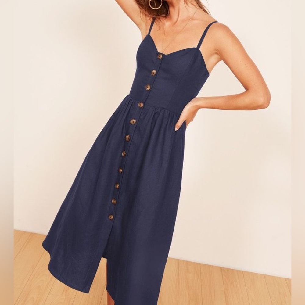 Reformation “Thelma” Midi Linen Spaghetti Strap Dress